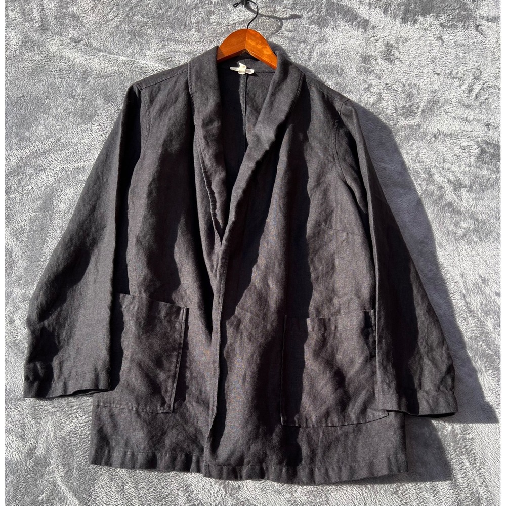 Eileen Fisher Linen Blazer Womens 1X Black Unstructured Open Front Lagenlook